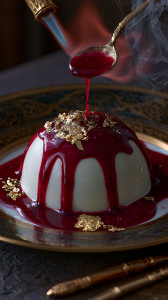 A high-end gastronomy texture close-up. A dynamic close-up of a chef torching a modern white chocolate dome dessert in a misty fine dining…