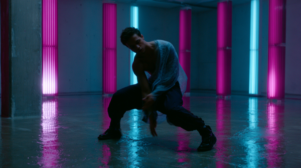 A fast-paced, high-saturation 16:9 electronic dance film trailer scene. A dynamic dancer performing fluid voguing and popping moves inside a…