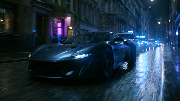 A fast-paced 16:9 vertical low-angle tracking shot capturing a sleek, matte-black electric sports car accelerating on a rainy, cobblestone European…