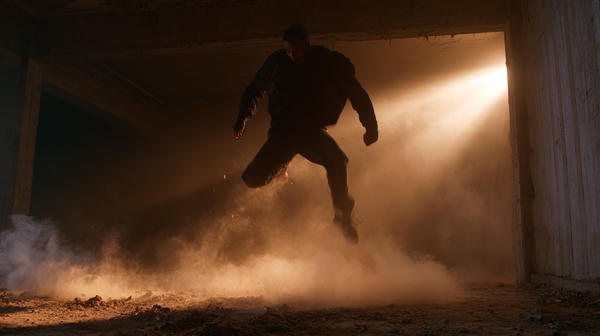 A hyper-dynamic 16:9 movie trailer scene. An explosive breakdancing crew of five powerful dancers captured mid-air performing a synchronized complex…