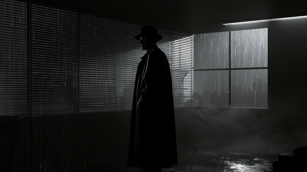 A classic 16:9 film noir crime thriller trailer scene in crisp, dramatic black and white. Rain streaks down a large office window, casting sharp,…
