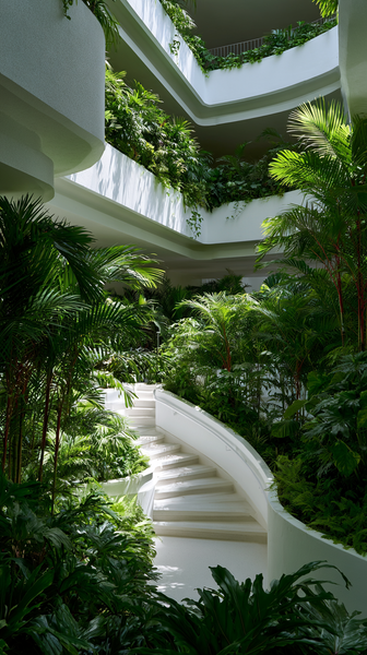 An architectural close-up of a futuristic white concrete balcony lushly filled with vivid green tropical plants, bright sunlight filtering through…
