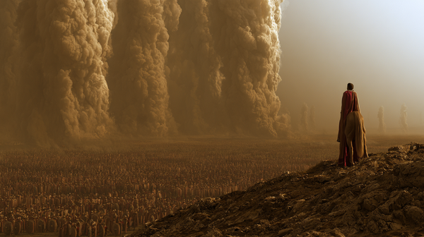 A monumental 16:9 vertical tracking shot across a vast ancient Roman battlefield at sunset. Thousands of legionaries with curved shields are arrayed…
