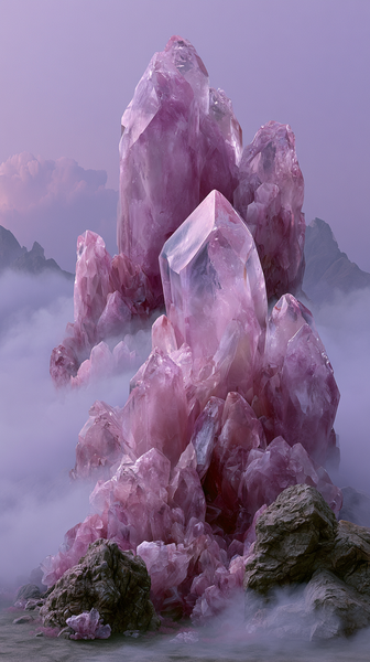 A surreal landscape scene featuring monumental magenta and pink crystal monoliths rising sharply from a soft misty valley under an ethereal violet…