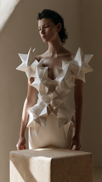 A sculptural haute couture garment piece made of sharp, folded matte-white origami structures, displayed on a beige stone block, soft shadows,…