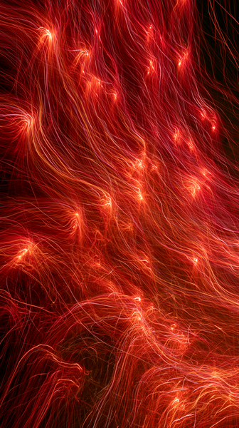 A high-contrast dynamic shot of fiery luminous red and orange light trails streaks weaving across a dark stage canvas, explosive energy movement…