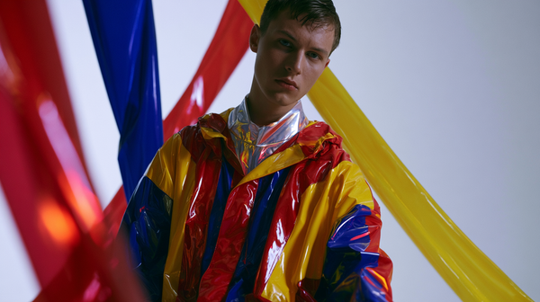A fast-paced 16:9 cinematic pop-fashion trailer shot. A minimalist white space sliced by sharp, overlapping streaks of pure primary red, royal blue,…