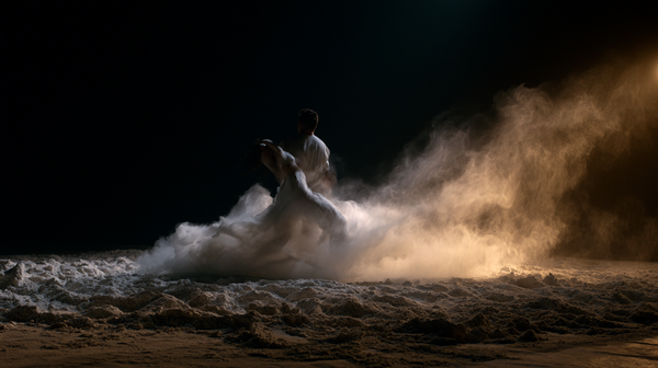 A poetic and emotional 16:9 contemporary dance film trailer scene. A fluid, sculptural duet dance performance on a minimalist dark stage covered in a…