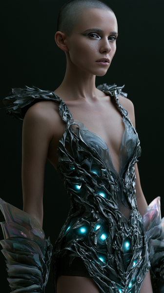 A striking 9:16 vertical portrait for a high-fashion magazine editorial. A single model, a powerful and serene figure with sleek cybernetic makeup,…