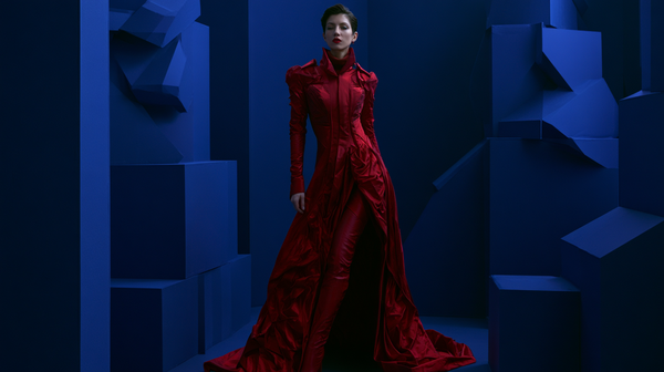 A striking 16:9 cinematic fashion editorial scene. Minimalist geometric blocks painted in pure matte cobalt blue fill the frame. Flowing, sculptural…