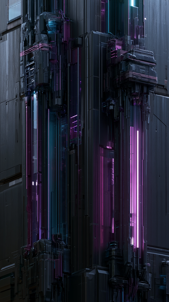 An abstract close-up of a futuristic architectural corner with complex integrated deep violet and cyan neon light strips casting sharp reflections on…