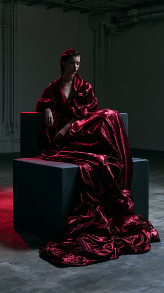 A high-fashion magazine editorial featuring deep crimson red luxury silk fabric draping elegantly over a minimalist matte-black concrete pedestal,…