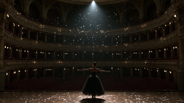 A tense, psychological 16:9 ballet drama movie trailer scene. A lone quartet of ballerinas in avant-garde dark tutus stands in a dramatic, frozen…