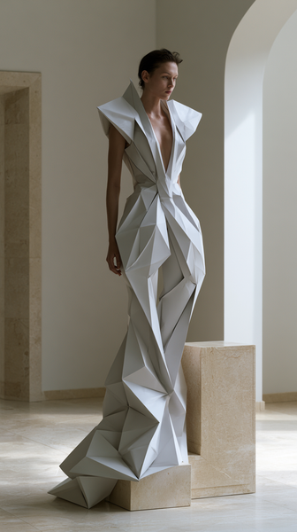 A sculptural haute couture garment piece made of sharp, folded matte-white origami structures, displayed on a beige stone block, soft shadows,…
