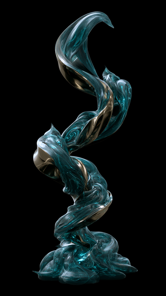 An abstract 3D fluid sculpture made of polished chrome and glowing electric teal liquid ribbons twisting elegantly in a matte black void, high…