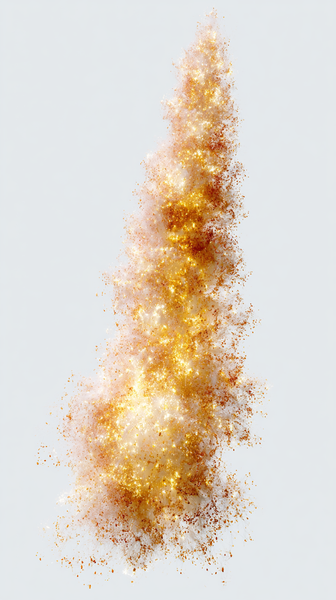 A powerful abstract energy core bursting with luminous yellow and orange light particles radiating vertically in a clean white minimalist space, high…