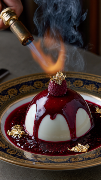 A high-end gastronomy texture close-up. A dynamic close-up of a chef torching a modern white chocolate dome dessert in a misty fine dining…