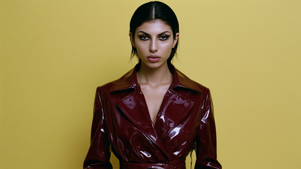 A cinematic 16:9 fashion film trailer scene inspired by 1960s French New Wave cinema. A model with sharp graphic eyeliner stands against a solid…
