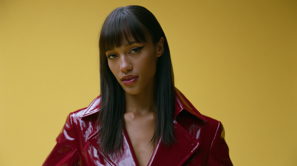 A cinematic 16:9 fashion film trailer scene inspired by 1960s French New Wave cinema. A model with sharp graphic eyeliner stands against a solid…