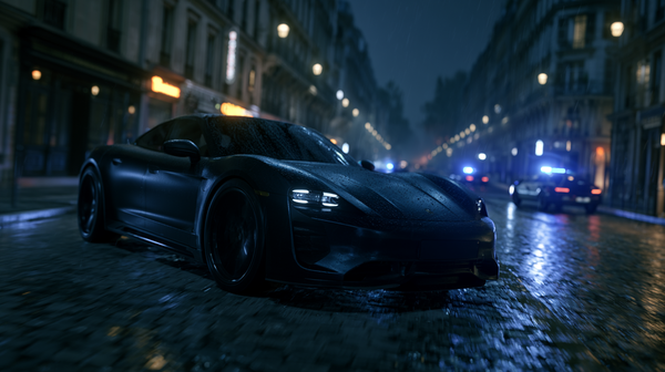 A fast-paced 16:9 vertical low-angle tracking shot capturing a sleek, matte-black electric sports car accelerating on a rainy, cobblestone European…