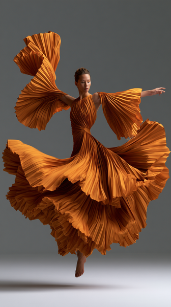 A dynamic fashion editorial shot of vibrant sun-orange pleated fabric frozen mid-air, creating sharp geometric waves and shadows against a neutral…
