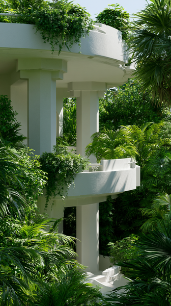 An architectural close-up of a futuristic white concrete balcony lushly filled with vivid green tropical plants, bright sunlight filtering through…
