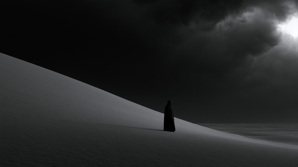 An avant-garde 16:9 minimalist art cinema trailer scene in rich, deep-toned black and white. A lone character stands on a colossal, desolate sand…