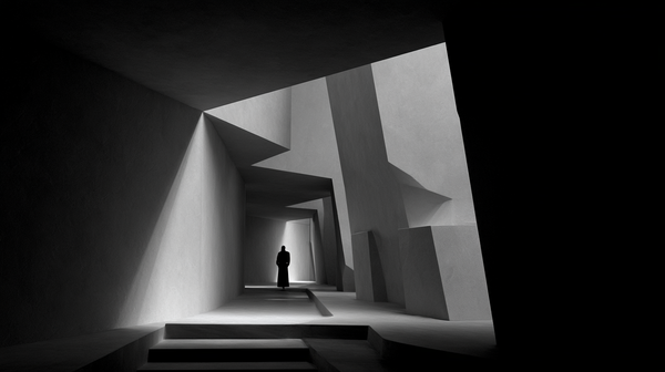 A striking 16:9 German Expressionist psychological thriller trailer scene, monochrome black and white. Surreal, distorted architectural corridors…