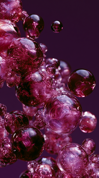 A macro close-up of a dynamic explosion of translucent fuchsia and magenta glass-like bubbles capturing light refractions against a deep violet…