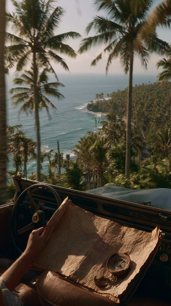 A dynamic vertical cinematic shot looking forward from an open-air vintage jeep interior, with a hand holding a rustic map and compass, driving along…