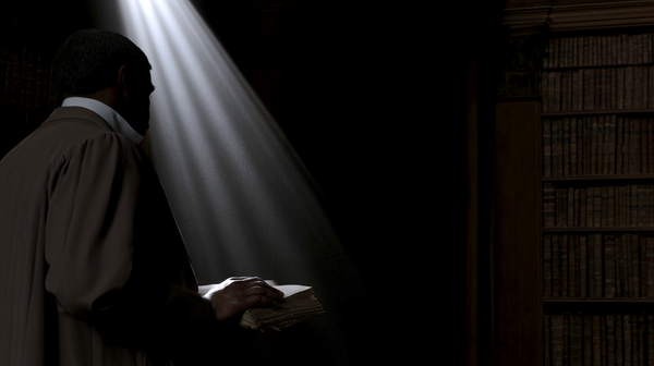 A dark and moody 16:9 cinematic horizontal shot inside an ancient London library with rich, dark wood tones. A detailed close-up of a character's…