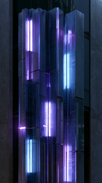 An abstract close-up of a futuristic architectural corner with complex integrated deep violet and cyan neon light strips casting sharp reflections on…