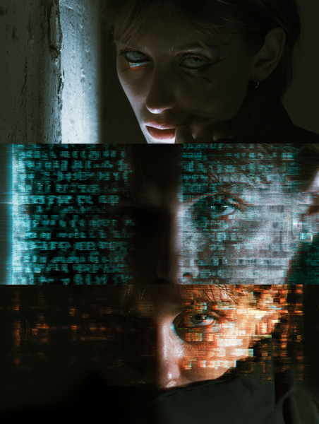 A glitchy, lo-fi portrait of a face overlaid with distressed xerox scan textures and distorted typography. Luminous metrics and grid lines glow with…