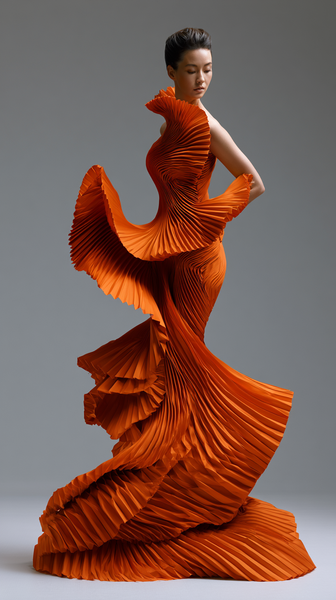 A dynamic fashion editorial shot of vibrant sun-orange pleated fabric frozen mid-air, creating sharp geometric waves and shadows against a neutral…