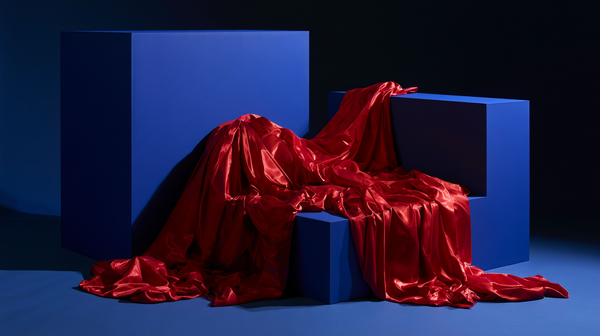 A striking 16:9 cinematic fashion editorial scene. Minimalist geometric blocks painted in pure matte cobalt blue fill the frame. Flowing, sculptural…