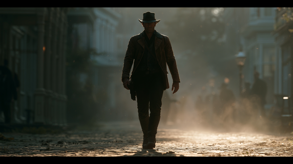 A powerful, low-angle 16:9 vertical shot capturing a lone gunslinger walking slowly down a dusty, sun-drenched frontier street. Heat haze shimmers…