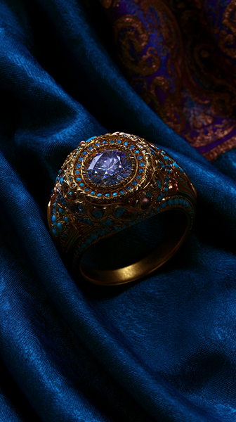 A powerful, high-contrast macro close-up of a majestic diamond ring set in gold, resting on a dark, rich blue textured velvet. Dramatic spotlight…