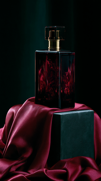 An elegant high-end fashion magazine editorial close-up featuring deep crimson red luxury silk fabric draping over a minimalist matte-black concrete…
