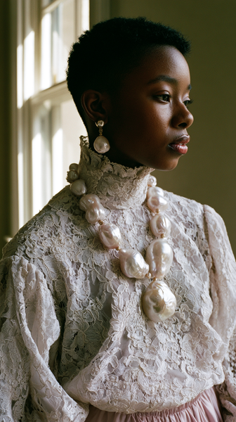 A vintage romantic fashion editorial close-up featuring intricate ivory lace texture intertwined with oversized baroque pearls, soft warm sunlight…