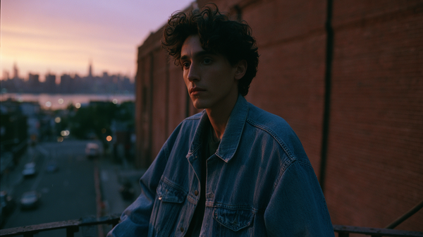 A cinematic wide shot film still from an indie drama set in Bushwick, Brooklyn at dusk. A lone protagonist in a vintage denim jacket stands on a fire…