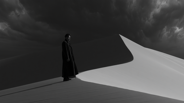 An avant-garde 16:9 minimalist art cinema trailer scene in rich, deep-toned black and white. A lone character stands on a colossal, desolate sand…