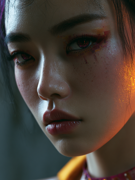 A glitchy, lo-fi portrait of a face overlaid with distressed xerox scan textures and distorted typography. Luminous metrics and grid lines glow with…