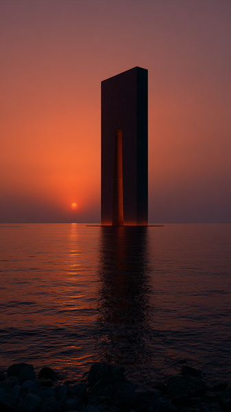 A vast minimalist horizon view of a calm water body reflecting a rich gradient of sunrise orange and amber sky, a sleek silhouette of a futuristic…
