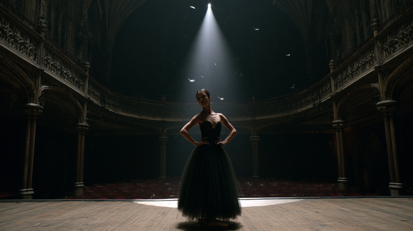 A tense, psychological 16:9 ballet drama movie trailer scene. A lone quartet of ballerinas in avant-garde dark tutus stands in a dramatic, frozen…