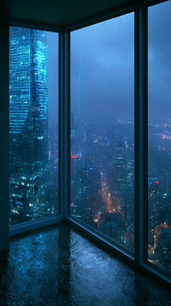 A vertical view looking out from a high-rise floor-to-ceiling window onto an epic future cityscape at night, massive skyscrapers glowing with neon…