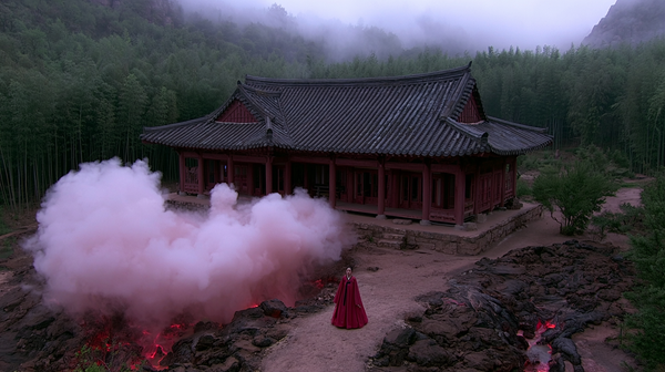 A breathtaking 16:9 vertical wide-angle view of a majestic ancient traditional Korean Hanok palace nested in a misty bamboo forest. Water from a…