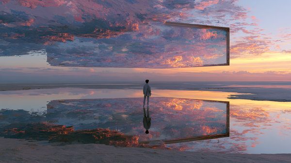 A surrealist art fantasy 16:9 movie trailer scene. A character in minimalist attire stands inside a vast, dreamlike landscape where the sky is made…