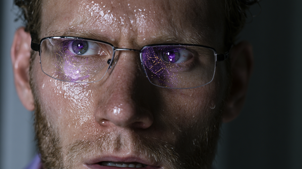 A tense, extreme close-up 16:9 vertical shot of an operative's face in a dimly lit high-rise server room. Their eyes are wide with focus, reflecting…