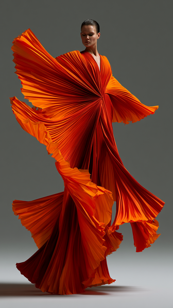 A dynamic fashion editorial shot of vibrant sun-orange pleated fabric frozen mid-air, creating sharp geometric waves and shadows against a neutral…