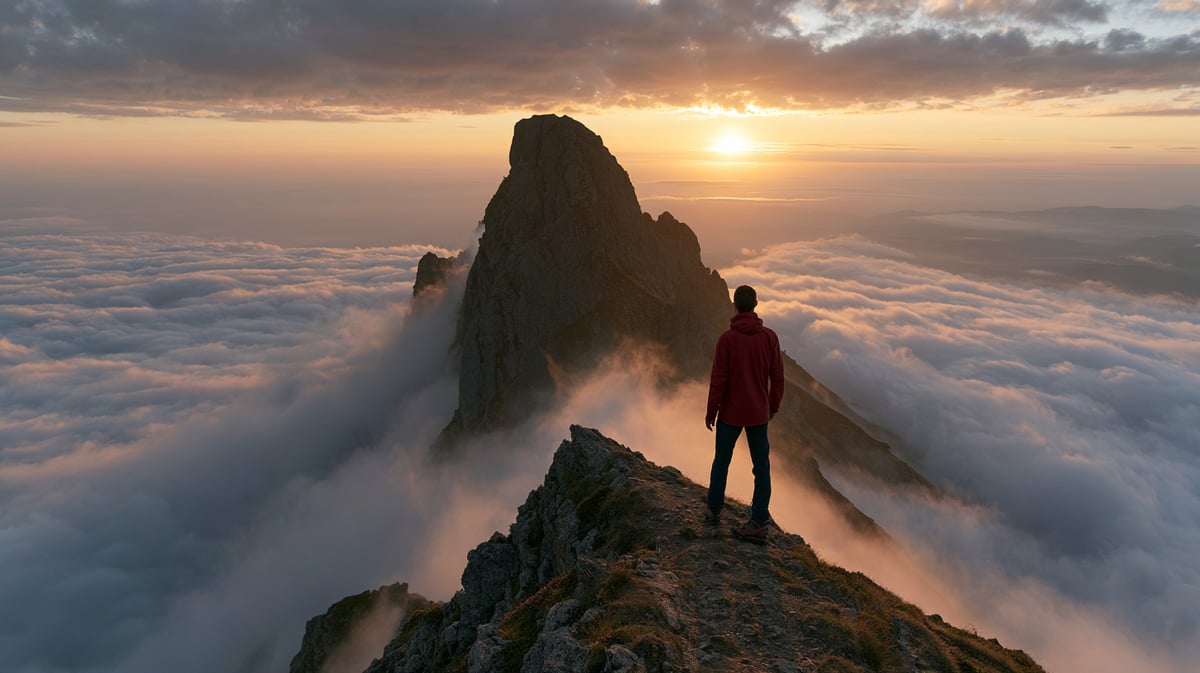 An exquisite, sun-drenched 16:9 vertical wide-angle view of a monumental mountain peak at sunrise. A single, powerful figure clad in technical adventure gear (crimson red jacket) is captured looking over a vast ocean of clouds. The horizon is painted in rich warm sunrise orange and amber tones, with soft light flooding the scene. Hopeful and inspiring glow, majestic, highly detailed
